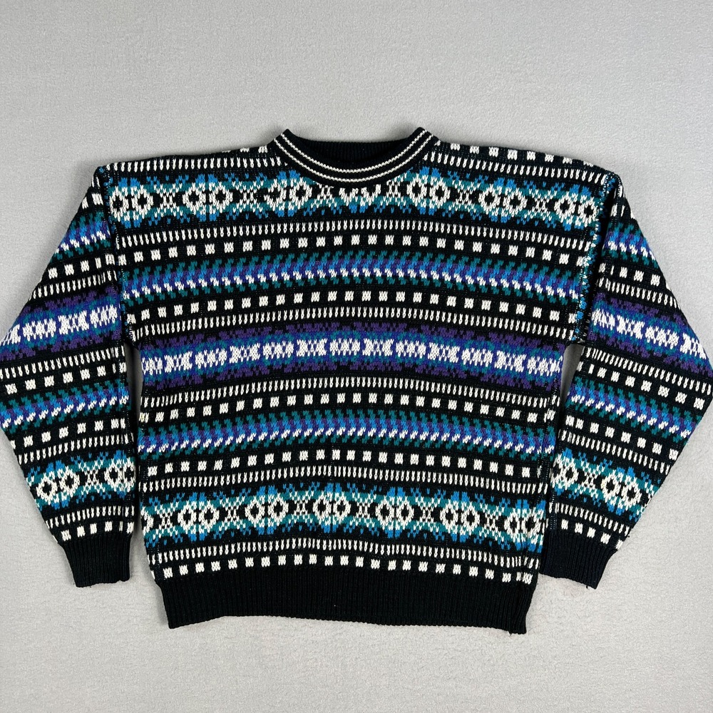 VTG Geometric Fair isle Knit Sweater Mens Large 1980s Acrylic Cozy Grandpa Korea